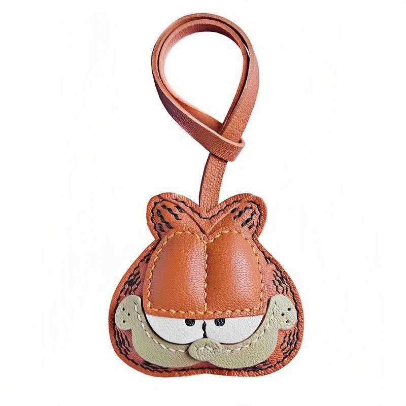 Handcrafted Leather Orange Cat Bag Charm – Cartoon Cat Design, Full - Grain Lambskin, Playful Accessory for Keys or Bags, Thoughtful Gift for Women - Tomlynam