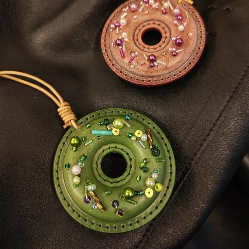 Handcrafted Leather Donut Bag Charm – Premium Full - Grain Leather Pendant with Beaded Sprinkles | Cute Donut Keychain | Whimsical Gift for Bags & Cars - Tomlynam