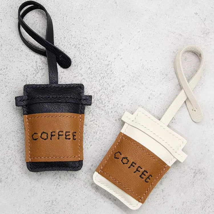 Coffee Cup Leather Bag Charm – Handcrafted Lambskin Pendant with Cartoon Coffee Bean Design | Cute Keychain & Purse Accessory | 16 Styles Available - Tomlynam