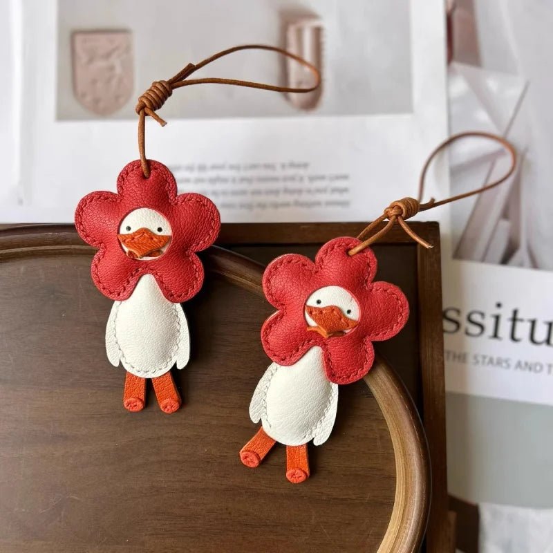 Flower Duck Leather Bag Charm – Handcrafted Animal Pendant Keychain | Cute Goose Accessory in Multiple Colors | Premium Leather Gift for Women & Kids - Tomlynam