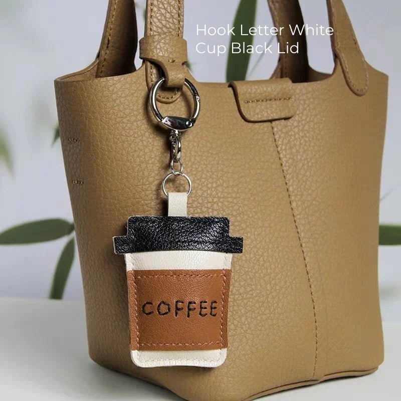Coffee Cup Leather Bag Charm – Handcrafted Lambskin Pendant with Cartoon Coffee Bean Design | Cute Keychain & Purse Accessory | 16 Styles Available - Tomlynam