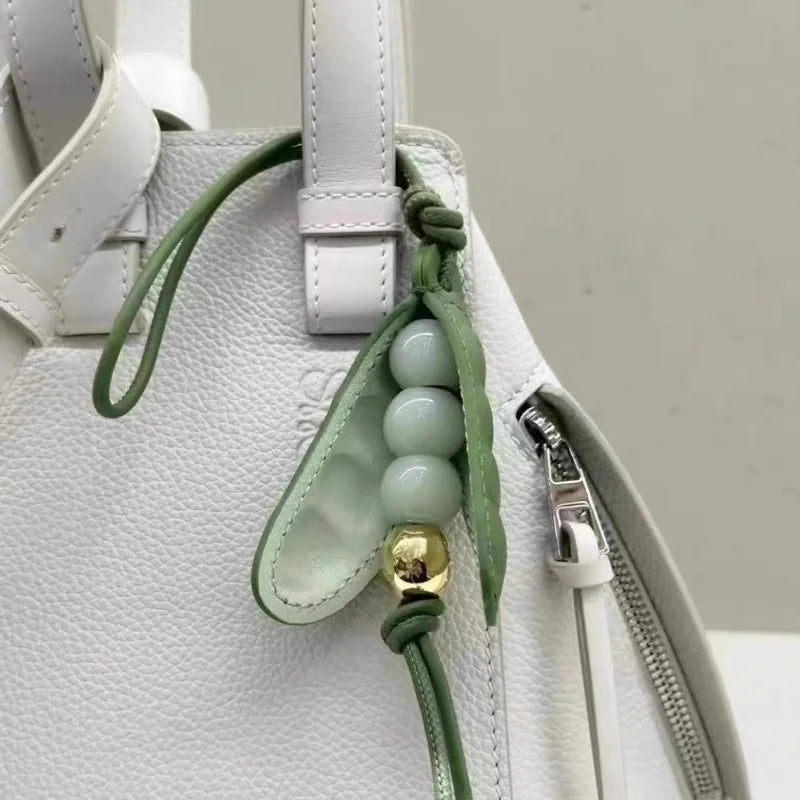 Pea Pod - Inspired Leather Bag Charm – Handmade Vegetable Keychain with Jade Beads | Creative Pendant for Handbags & Backpacks | Designer - Inspired Accent Accessory - Tomlynam