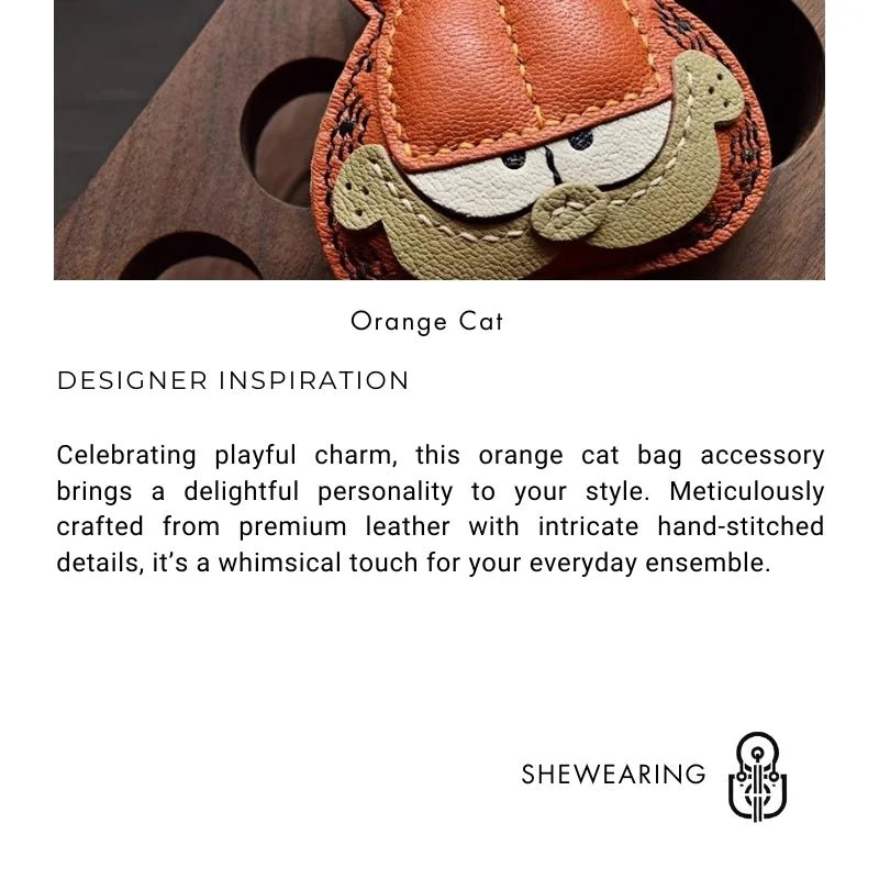 Handcrafted Leather Orange Cat Bag Charm – Cartoon Cat Design, Full - Grain Lambskin, Playful Accessory for Keys or Bags, Thoughtful Gift for Women - Tomlynam