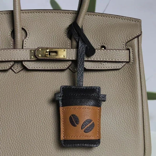 Coffee Cup Leather Bag Charm – Handcrafted Lambskin Pendant with Cartoon Coffee Bean Design | Cute Keychain & Purse Accessory | 16 Styles Available - Tomlynam