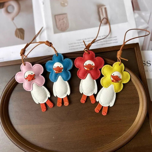 Flower Duck Leather Bag Charm – Handcrafted Animal Pendant Keychain | Cute Goose Accessory in Multiple Colors | Premium Leather Gift for Women & Kids - Tomlynam