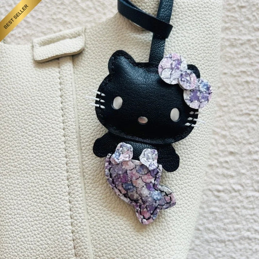 Mermaid Cat Leather Bag Charm – Handmade Whimsical Keychain | Fantasy Cat Pendant | Cute Gift for Mermaid Lovers