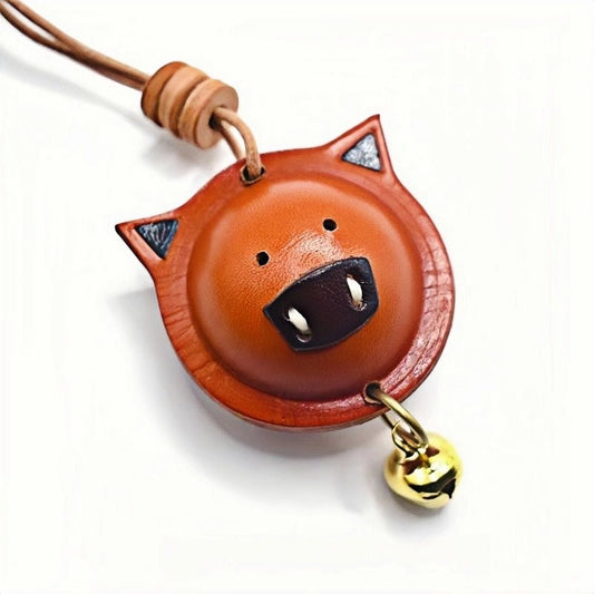 Original Designed Jingle Pig Leather Bag Charm, Full - Grain Cowhide Key Accessory, Minimalist Handcrafted Bell Pendant, Perfect Graduation Season Gift - Tomlynam