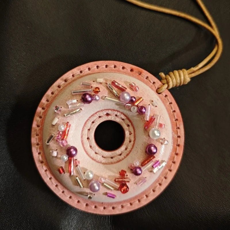 Handcrafted Leather Donut Bag Charm – Premium Full - Grain Leather Pendant with Beaded Sprinkles | Cute Donut Keychain | Whimsical Gift for Bags & Cars - Tomlynam