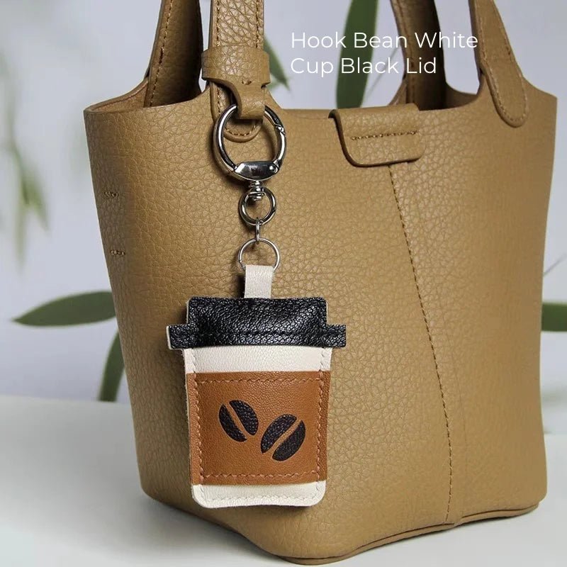 Coffee Cup Leather Bag Charm – Handcrafted Lambskin Pendant with Cartoon Coffee Bean Design | Cute Keychain & Purse Accessory | 16 Styles Available - Tomlynam
