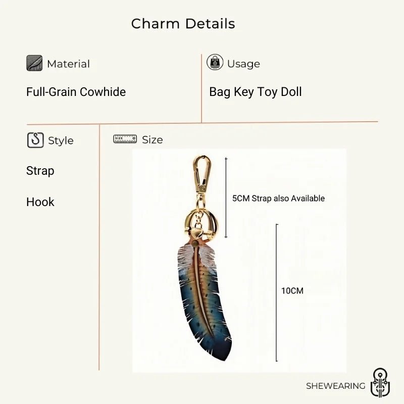 Original Nordic Feather Genuine Leather Charm – Handcrafted Full - Grain Cowhide Bag Accessory or Key Charm, Ethereal and Elegant, Perfect Gift for Nature Lovers - Tomlynam