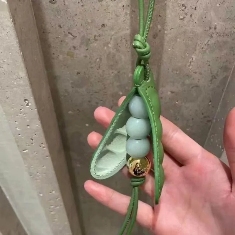 Pea Pod - Inspired Leather Bag Charm – Handmade Vegetable Keychain with Jade Beads | Creative Pendant for Handbags & Backpacks | Designer - Inspired Accent Accessory - Tomlynam