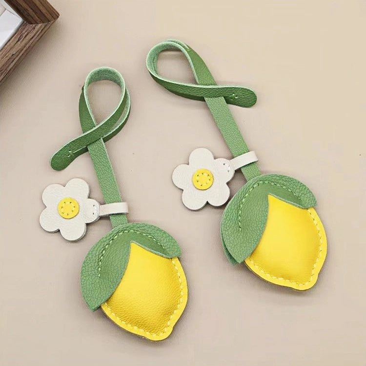 Cheerful Lemon & Orange Bag Charm – Handcrafted Full - Grain Lambskin Accessory with Flower Accent, Perfect for Bags or Keys, Playful and Stylish Gift Idea - Tomlynam