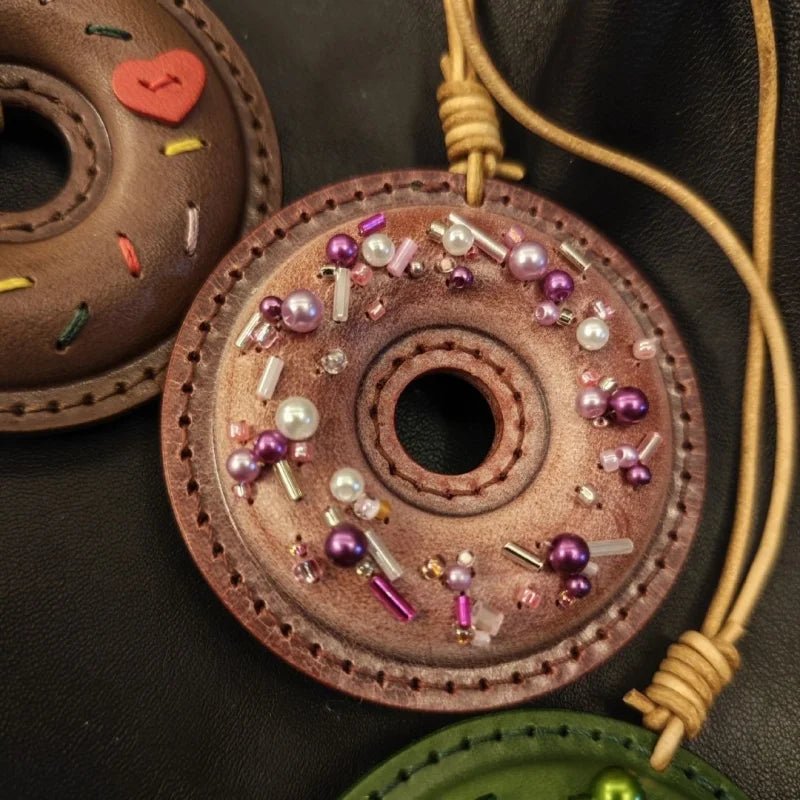 Handcrafted Leather Donut Bag Charm – Premium Full - Grain Leather Pendant with Beaded Sprinkles | Cute Donut Keychain | Whimsical Gift for Bags & Cars - Tomlynam