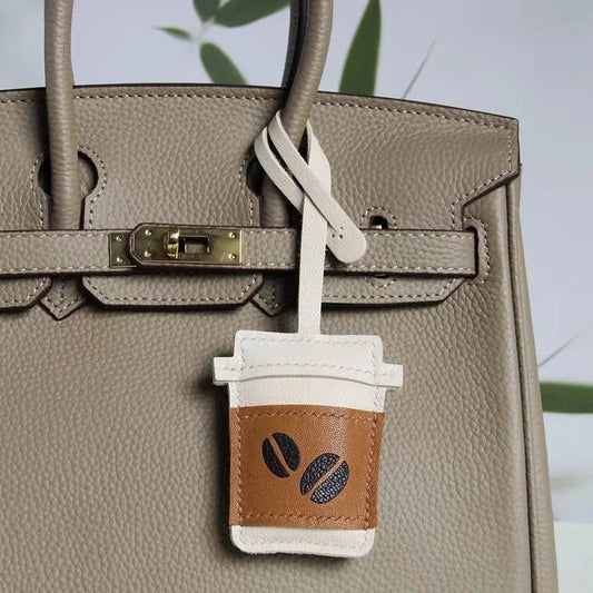 Coffee Cup Leather Bag Charm – Handcrafted Lambskin Pendant with Cartoon Coffee Bean Design | Cute Keychain & Purse Accessory | 16 Styles Available - Tomlynam