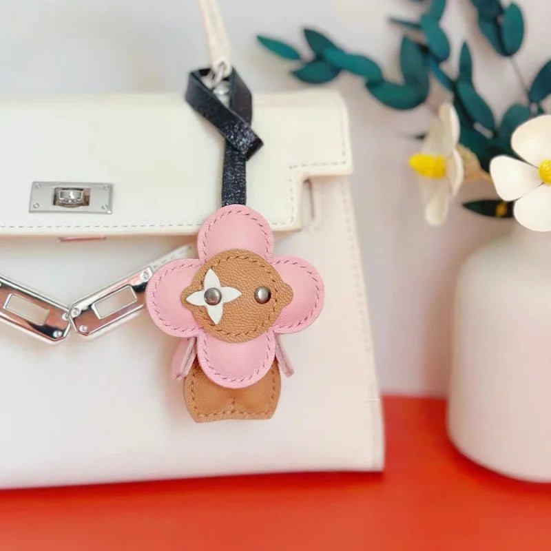 Clover Doll Sunflower Leather Bag Charm – Handmade French Lambskin Pendant | Whimsical Cartoon Keychain | Unique Luxury Accessory & Cute Gift for Women - Tomlynam
