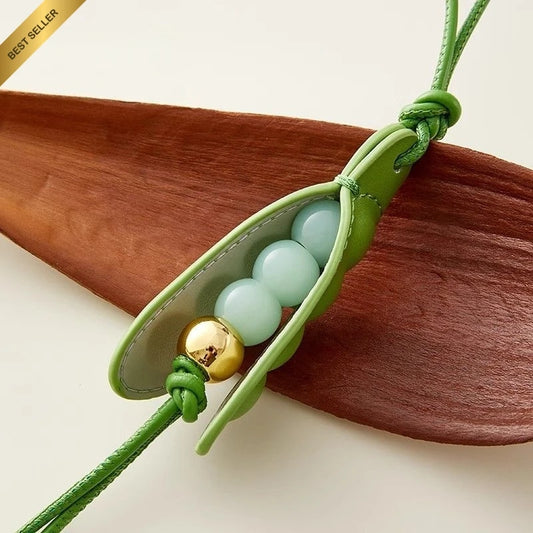 Pea Pod-Inspired Leather Bag Charm – Handmade Vegetable Keychain with Jade Beads | Creative Pendant for Handbags & Backpacks | Designer-Inspired Accent Accessory