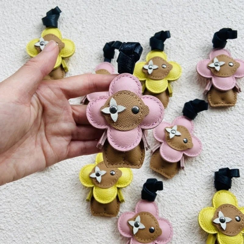 Clover Doll Sunflower Leather Bag Charm – Handmade French Lambskin Pendant | Whimsical Cartoon Keychain | Unique Luxury Accessory & Cute Gift for Women - Tomlynam