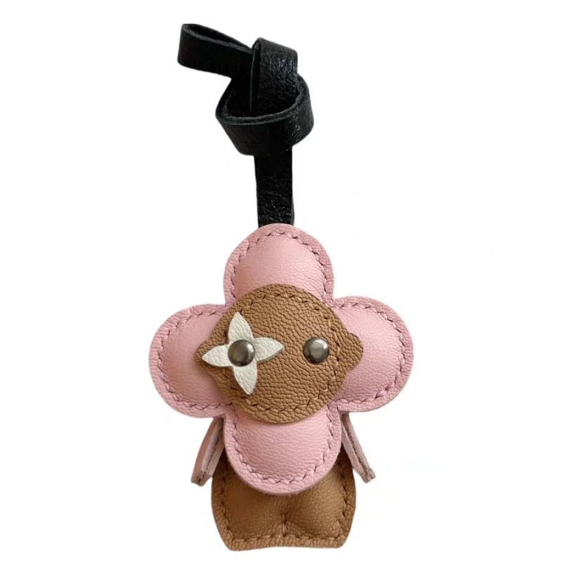 Clover Doll Sunflower Leather Bag Charm – Handmade French Lambskin Pendant | Whimsical Cartoon Keychain | Unique Luxury Accessory & Cute Gift for Women - Tomlynam