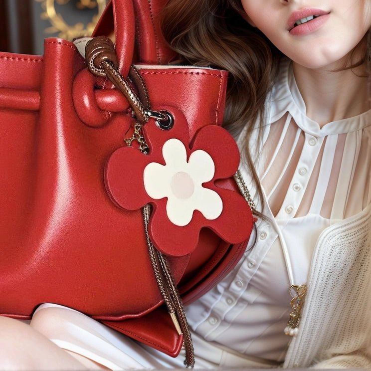 Vibrant Blossom Bag Charm – Handcrafted Leather Floral Accessory, 8cm Large Flower Pendant, Vegetable - Tanned Cowhide with Adjustable Strap, Cheerful Gift for Her - Tomlynam