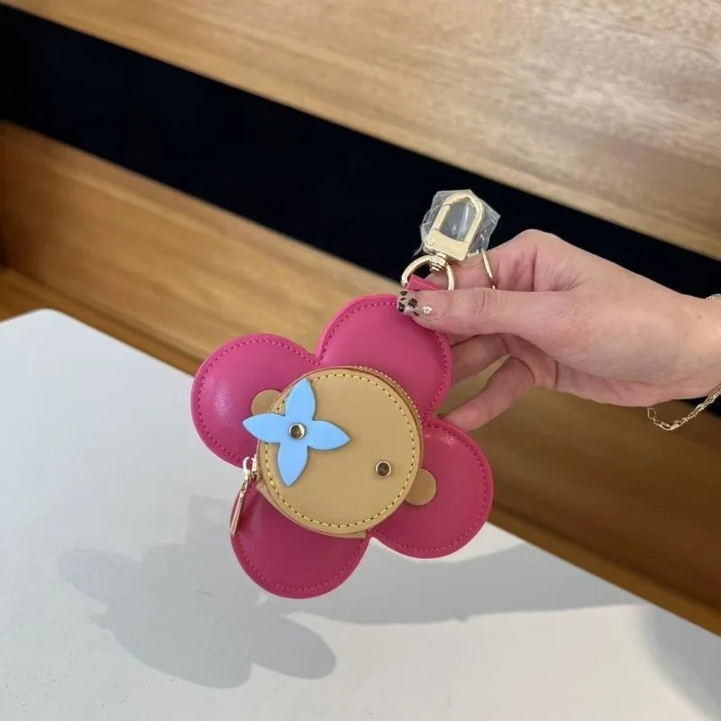 Sunflower Leather Coin & Earbud Case Charm – Designer Mini Flower Bag Pendant | Handmade Genuine Leather Keychain | Versatile Purse Accessory in Multiple Colors - Tomlynam