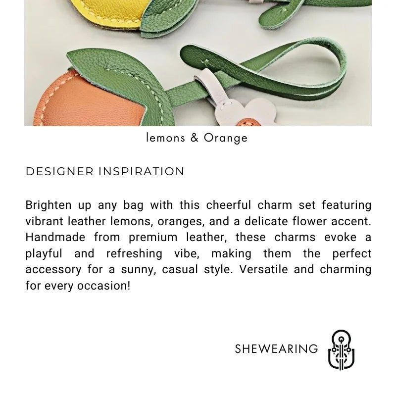 Cheerful Lemon & Orange Bag Charm – Handcrafted Full - Grain Lambskin Accessory with Flower Accent, Perfect for Bags or Keys, Playful and Stylish Gift Idea - Tomlynam