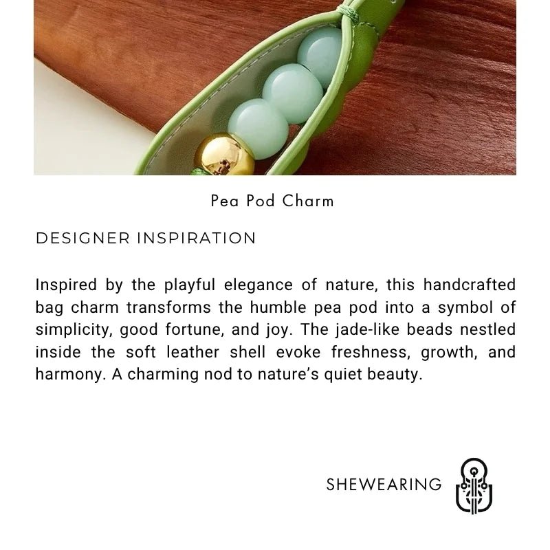 Pea Pod - Inspired Leather Bag Charm – Handmade Vegetable Keychain with Jade Beads | Creative Pendant for Handbags & Backpacks | Designer - Inspired Accent Accessory - Tomlynam