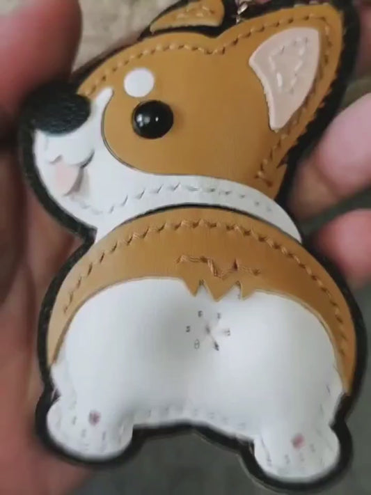 Corgi Pet Leather Bag Charm Hand-Stitched Leather Accessory Creative Keychain Pendant Cute Gift for Women