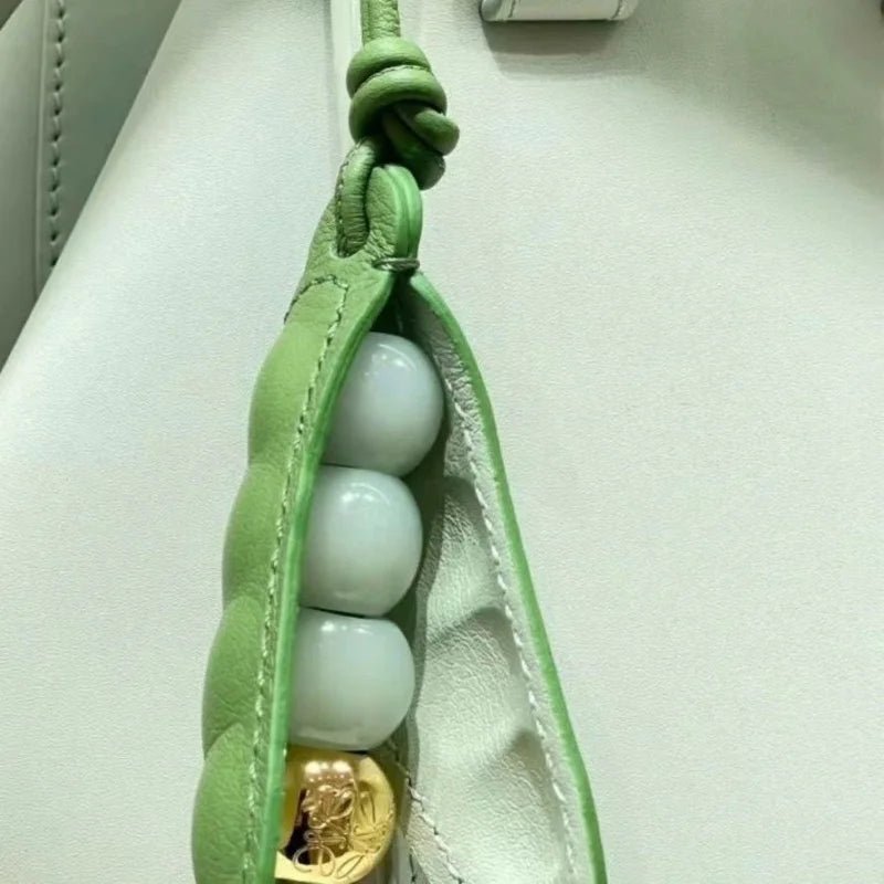 Pea Pod - Inspired Leather Bag Charm – Handmade Vegetable Keychain with Jade Beads | Creative Pendant for Handbags & Backpacks | Designer - Inspired Accent Accessory - Tomlynam