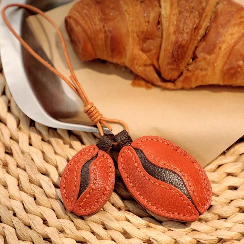 French Lambskin Coffee Bean Bag Charm – Handcrafted Dual - Tone Leather Keychain | Vintage - Inspired Pendant for Handbags & Cars | Unique Gift for Coffee Lovers - Tomlynam