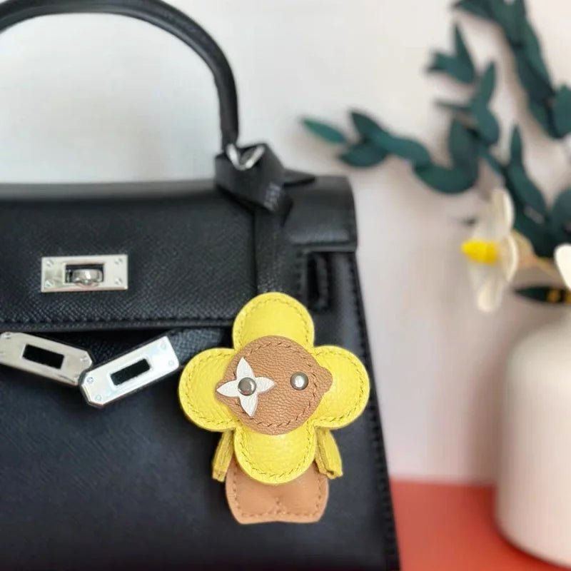 Clover Doll Sunflower Leather Bag Charm – Handmade French Lambskin Pendant | Whimsical Cartoon Keychain | Unique Luxury Accessory & Cute Gift for Women - Tomlynam