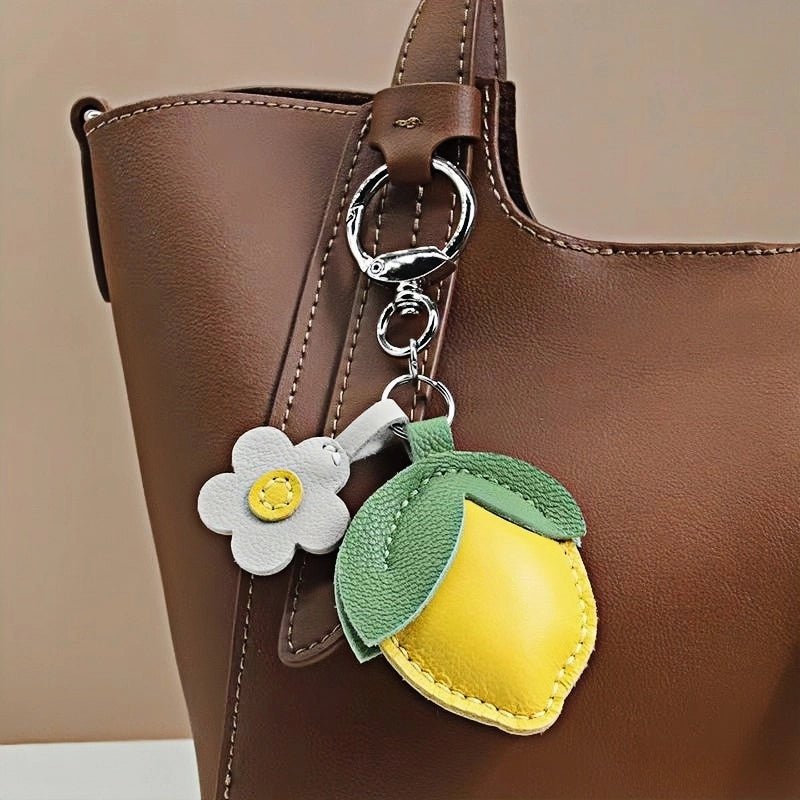 Cheerful Lemon & Orange Bag Charm – Handcrafted Full - Grain Lambskin Accessory with Flower Accent, Perfect for Bags or Keys, Playful and Stylish Gift Idea - Tomlynam