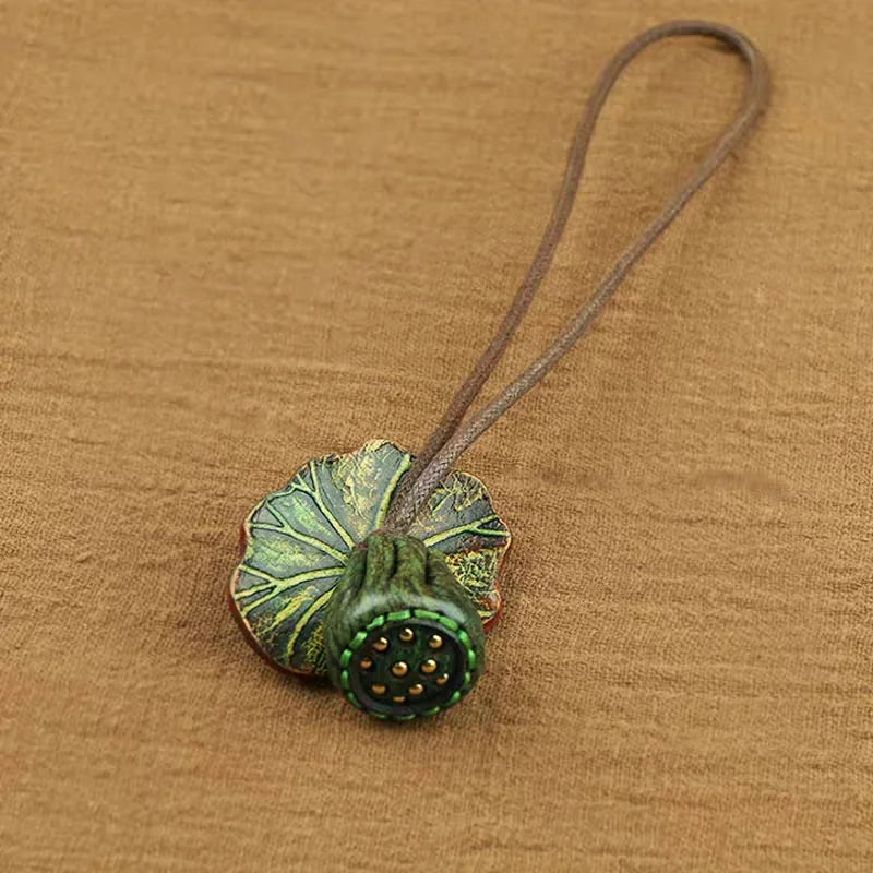 Monet-Inspired Lotus Leather Bag Charm – Handmade Full-Grain Cowhide Pendant | Adjustable Artistic Accessory | Tranquil Vintage Gift for Her