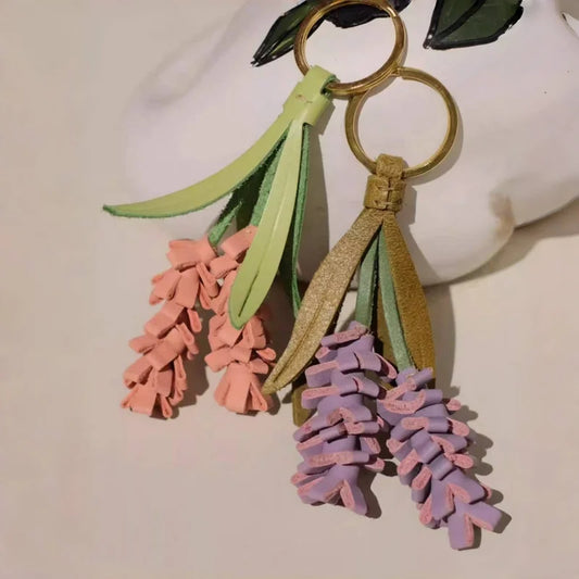Lavender Blossom Leather Bag Charm – Handcrafted Full-Grain Leather Pendant | Unique Keychain with Botanical Elegance | Artisan Gift for Nature Lovers
