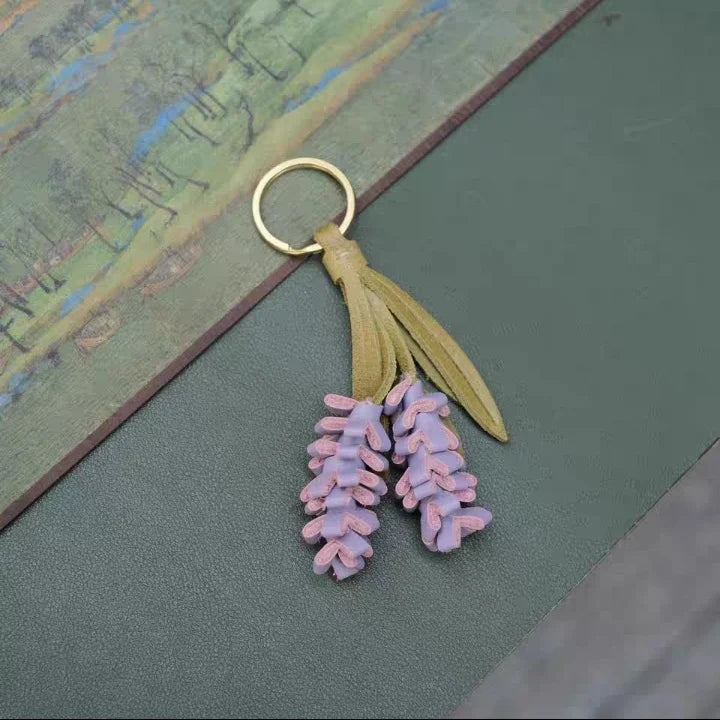 Lavender Blossom Leather Bag Charm – Handcrafted Full-Grain Leather Pendant | Unique Keychain with Botanical Elegance | Artisan Gift for Nature Lovers