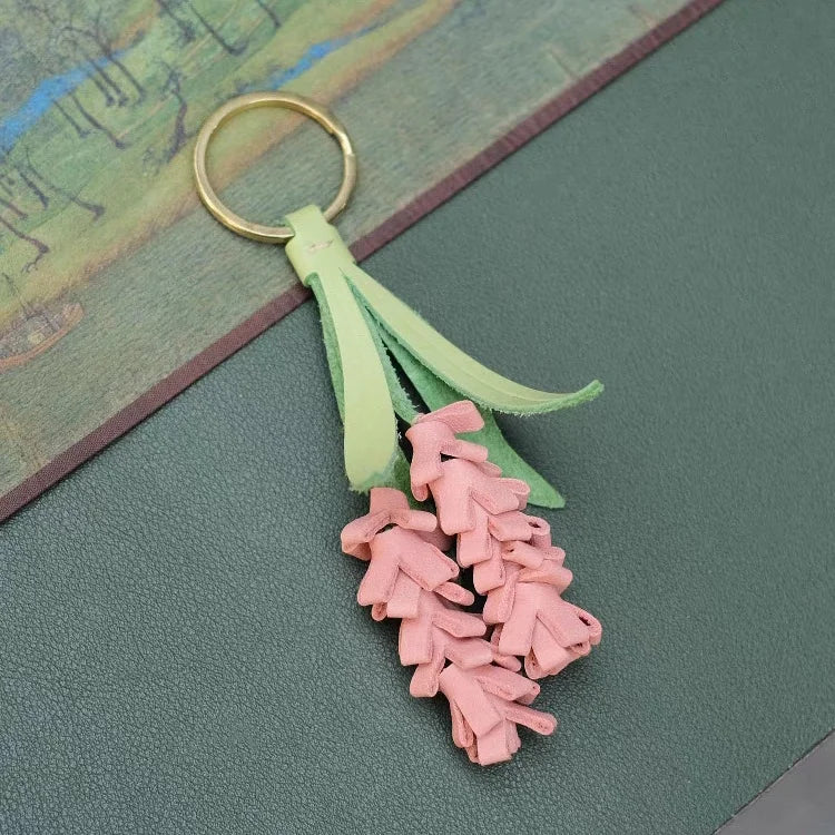 Lavender Blossom Leather Bag Charm – Handcrafted Full-Grain Leather Pendant | Unique Keychain with Botanical Elegance | Artisan Gift for Nature Lovers