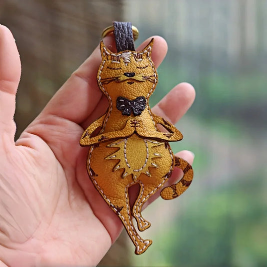 Yoga Cat Leather Bag Charm – Original Handmade Genuine Leather Keychain | Mindful Cat Pendant with Bow Tie | Artistic Statement Accessory, Elegant Gift for Her