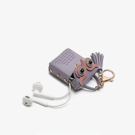 Owl Leather Storage Bag Charm – Handmade Full-Grain Leather Owl Case | Multifunctional Keychain & Cable Organizer | Playful Mini Charm for Women