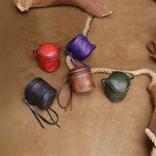 Vintage Leather Bucket Lipstick Charm – Handmade Cylinder Bag Pendant | Multifunctional Organizer for Lipstick, Coins & Accessories | Retro Mini Crossbody & Handbag