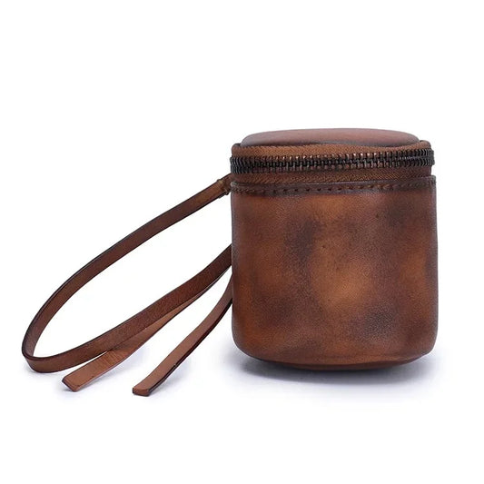 Vintage Leather Bucket Lipstick Charm – Handmade Cylinder Bag Pendant | Multifunctional Organizer for Lipstick, Coins & Accessories | Retro Mini Crossbody & Handbag