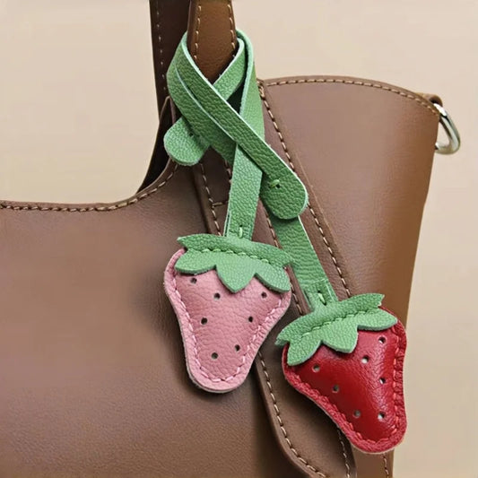 Strawberry Leather Bag Charm – Handcrafted Red & Pink Lambskin Pendant | Cute Fruit-Inspired Keychain | Soft Full-Grain Accessory for Bags & Gifts