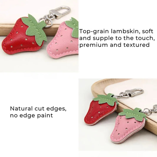Strawberry Leather Bag Charm – Handcrafted Red & Pink Lambskin Pendant | Cute Fruit-Inspired Keychain | Soft Full-Grain Accessory for Bags & Gifts
