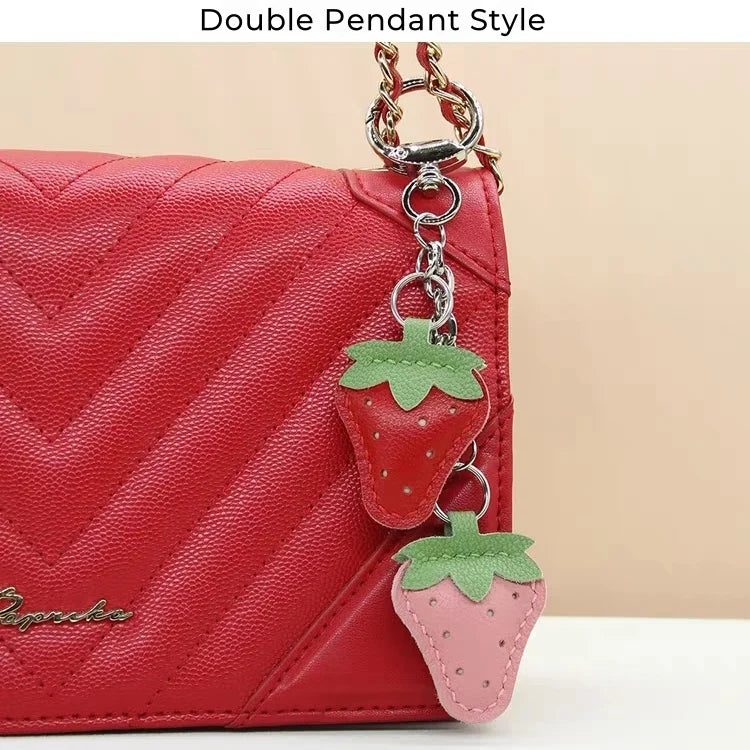 Strawberry Leather Bag Charm – Handcrafted Red & Pink Lambskin Pendant | Cute Fruit-Inspired Keychain | Soft Full-Grain Accessory for Bags & Gifts