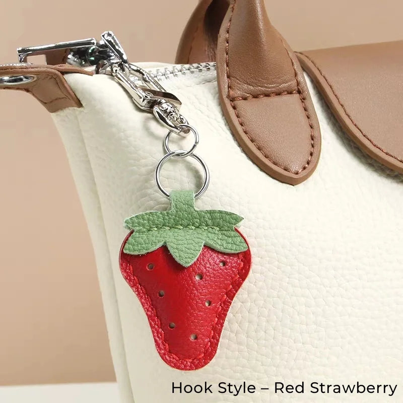 Strawberry Leather Bag Charm – Handcrafted Red & Pink Lambskin Pendant | Cute Fruit-Inspired Keychain | Soft Full-Grain Accessory for Bags & Gifts