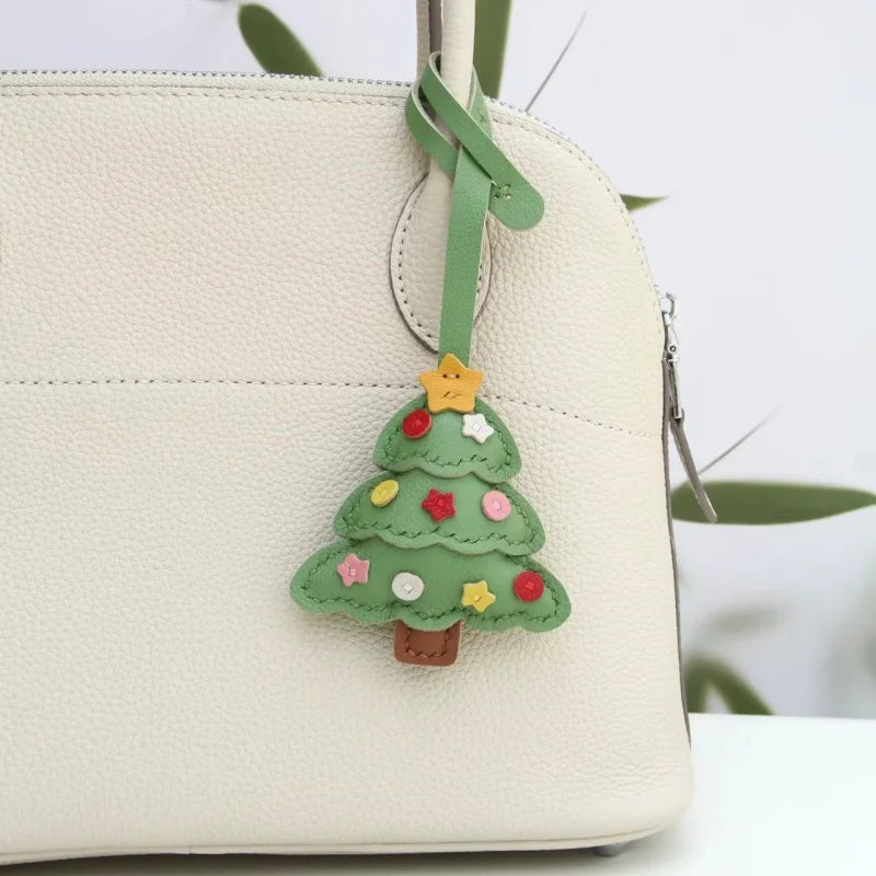 Christmas Tree Leather Bag Charm – Handmade Sheepskin Pendant | Festive Holiday Accessory | Hand-Stitched Keychain & Handbag Ornament