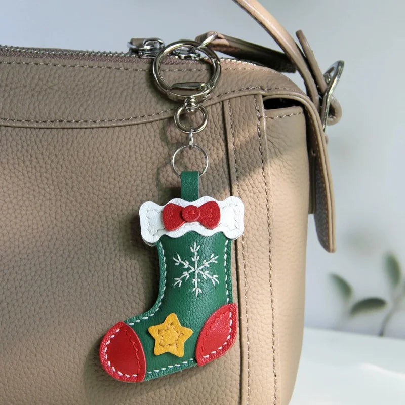 Christmas Stocking Leather Bag Charm – Handmade Full-Grain Sheepskin Holiday Pendant | Festive Hand-Stitched Accessory for Handbags & Keys | Unique Christmas Gift for Her