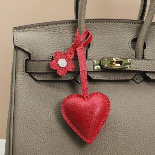 Handcrafted Leather Heart Bag Charm – Handmade Goatskin Heart Pendant with Floral Accent | Minimalist Romantic Bag Accessory | Timeless Gift for Her