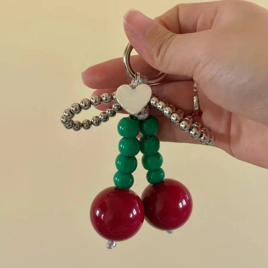 Big Cherry Beaded Bag Charm – Handmade Statement Fruit Keychain with Bowknot Design | Trendy Chunky Pendant for Totes, Backpacks & Gifts