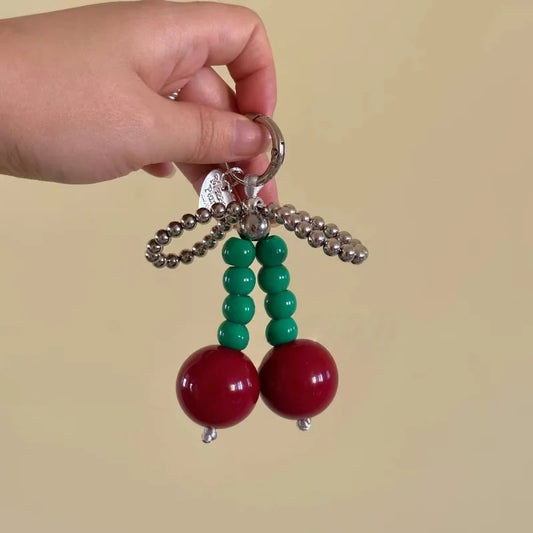 Big Cherry Beaded Bag Charm – Handmade Statement Fruit Keychain with Bowknot Design | Trendy Chunky Pendant for Totes, Backpacks & Gifts