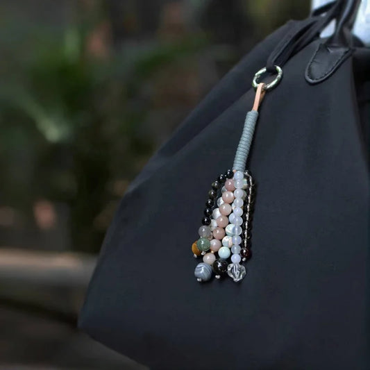 Wishing Crystal Beaded Bag Charm – Handmade Gemstone Keychain with Tiger’s Eye, Sunstone, and Quartz | Natural Stone Lucky Pendant for Bags or Keys