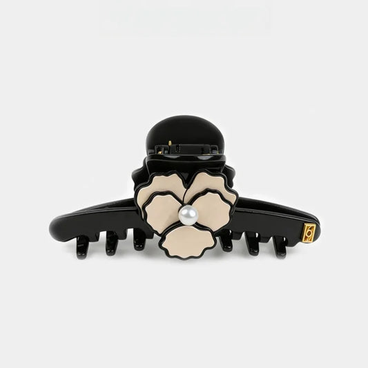 Elegant Camellia Pearl Hair Claw Clip – French Vintage Style Acetate Hair Accessory | Strong Hold Large Claw Clip for Women | Timeless Black & Ivory Styling Gift for Her